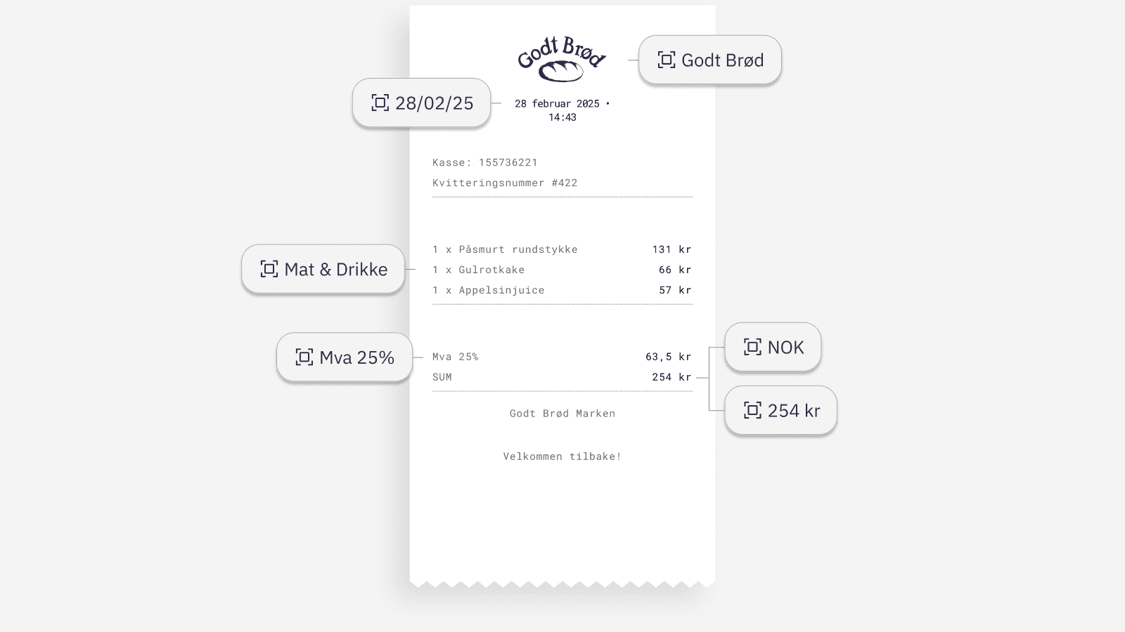 Kvittering fra Godt Brød der appen har lest ut leverandør, dato, kategori, mva og totalbeløpet 254 kroner, og vist hvert felt som en egen merkelapp