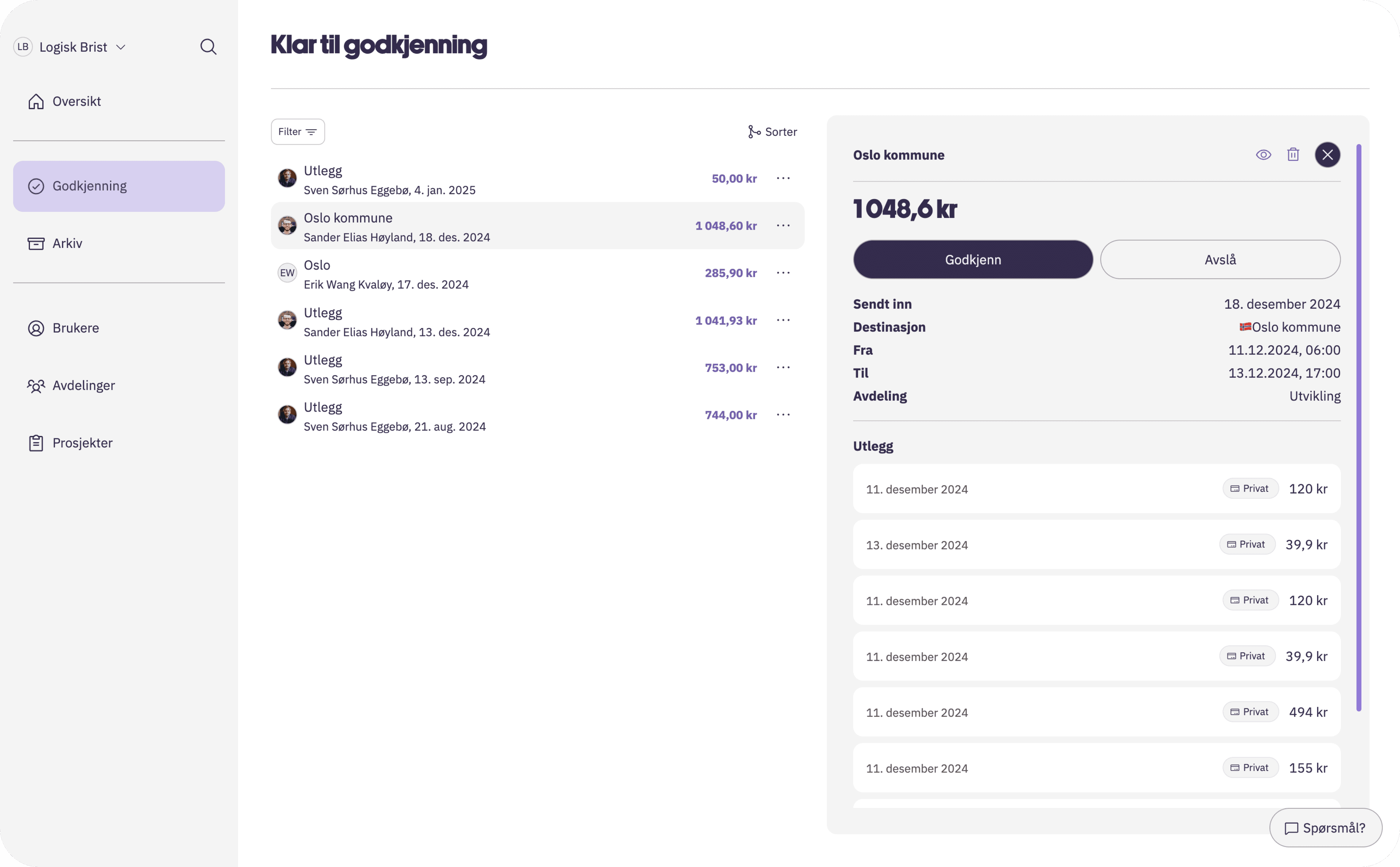 Utleggsappens dashbord med utlegg klare til godkjenning