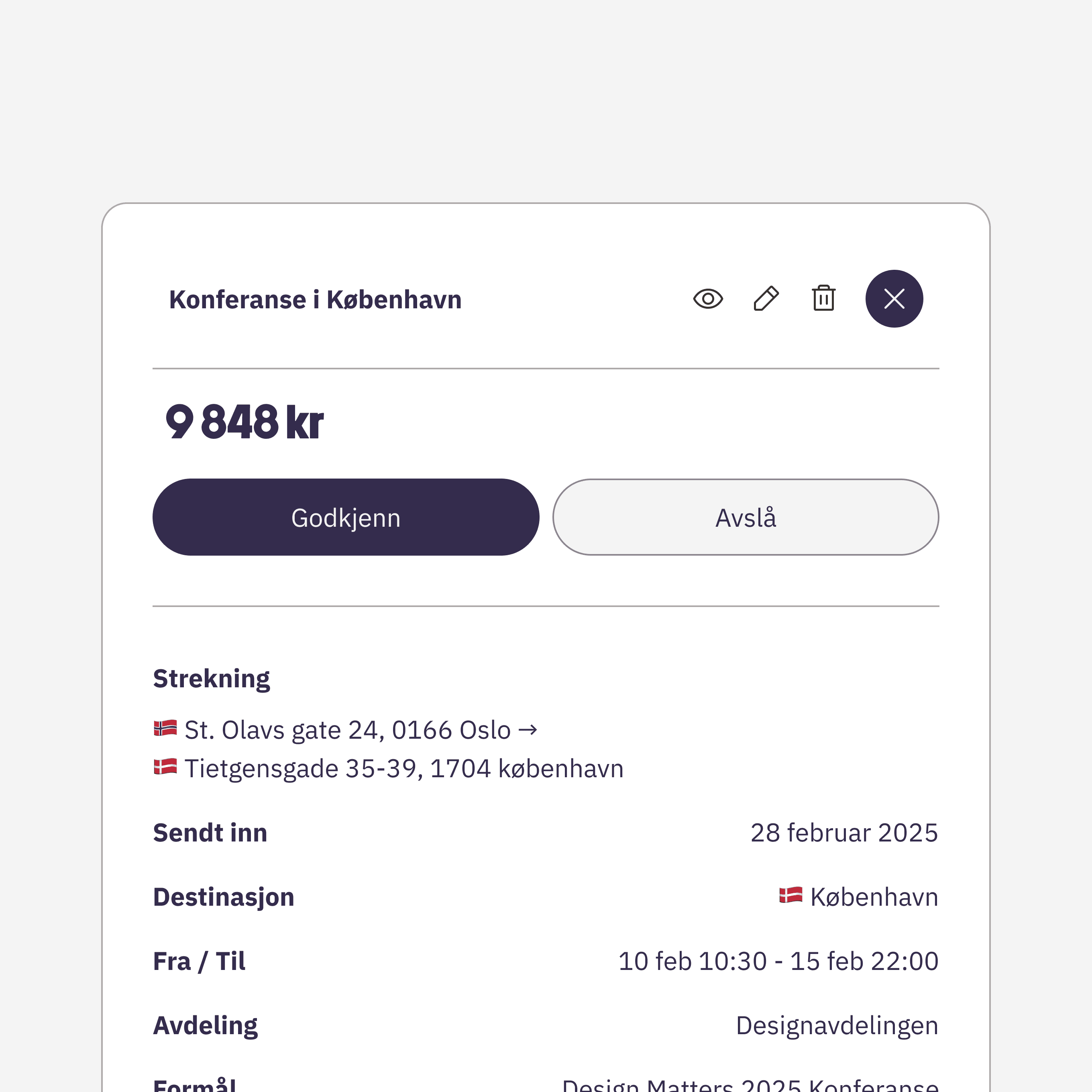 Godkjenningskort for en reiseregning i Utleggsappen