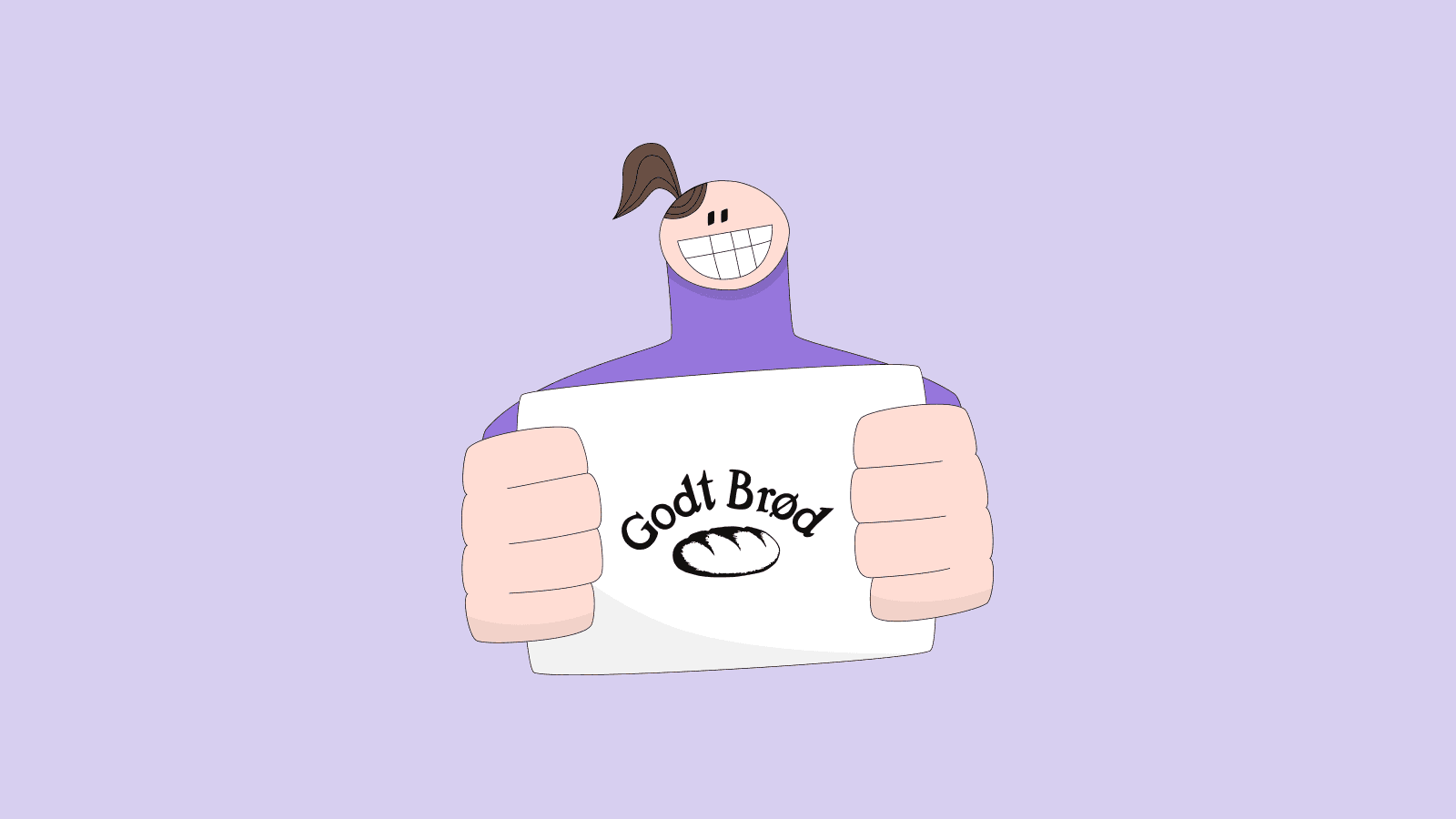 Illustrasjon av en blid person som holder opp et ark med Godt Brød-logoen